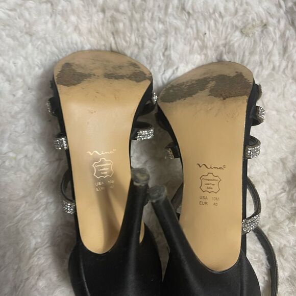Nina Rhinestones and black Satin straps sandals with back zipper Size 10M - Picture 11 of 11
